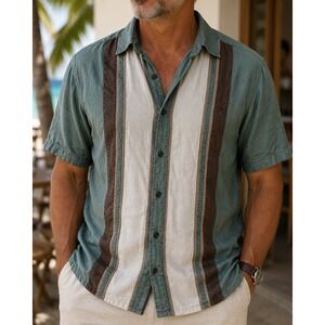 Paradise Coves Mens Large Silk Cotton Blend Striped Button Down Shirt Teal Brown
